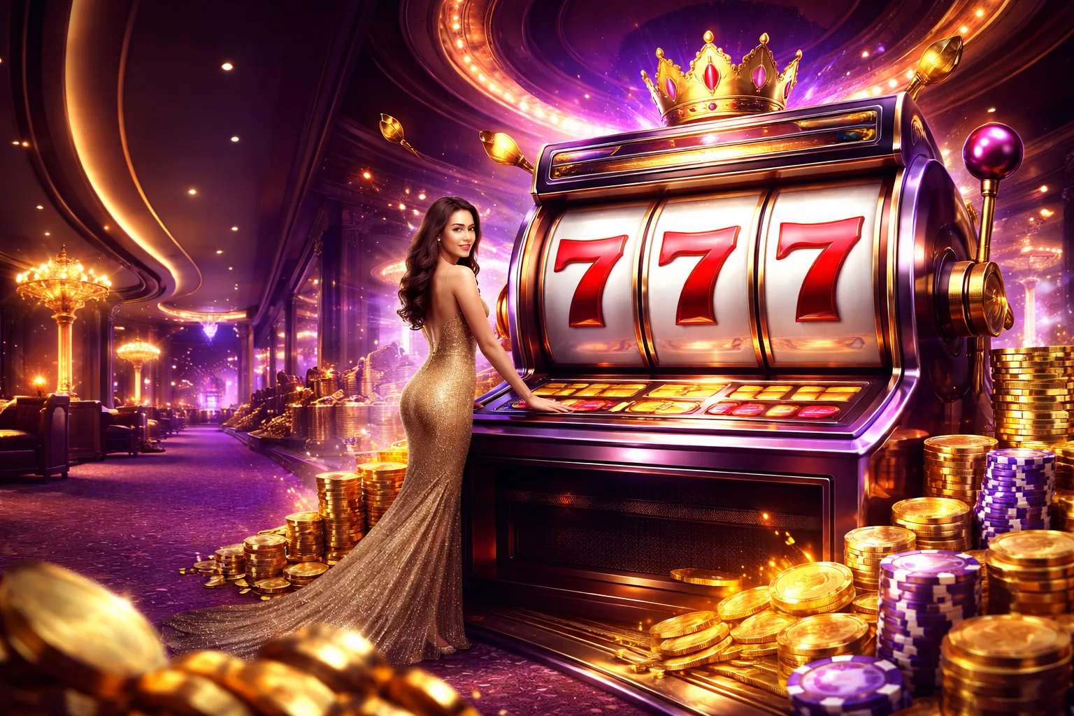 Giao diện máy đánh bạc với biểu tượng jackpot và tiền vàng tại mcw77 bet